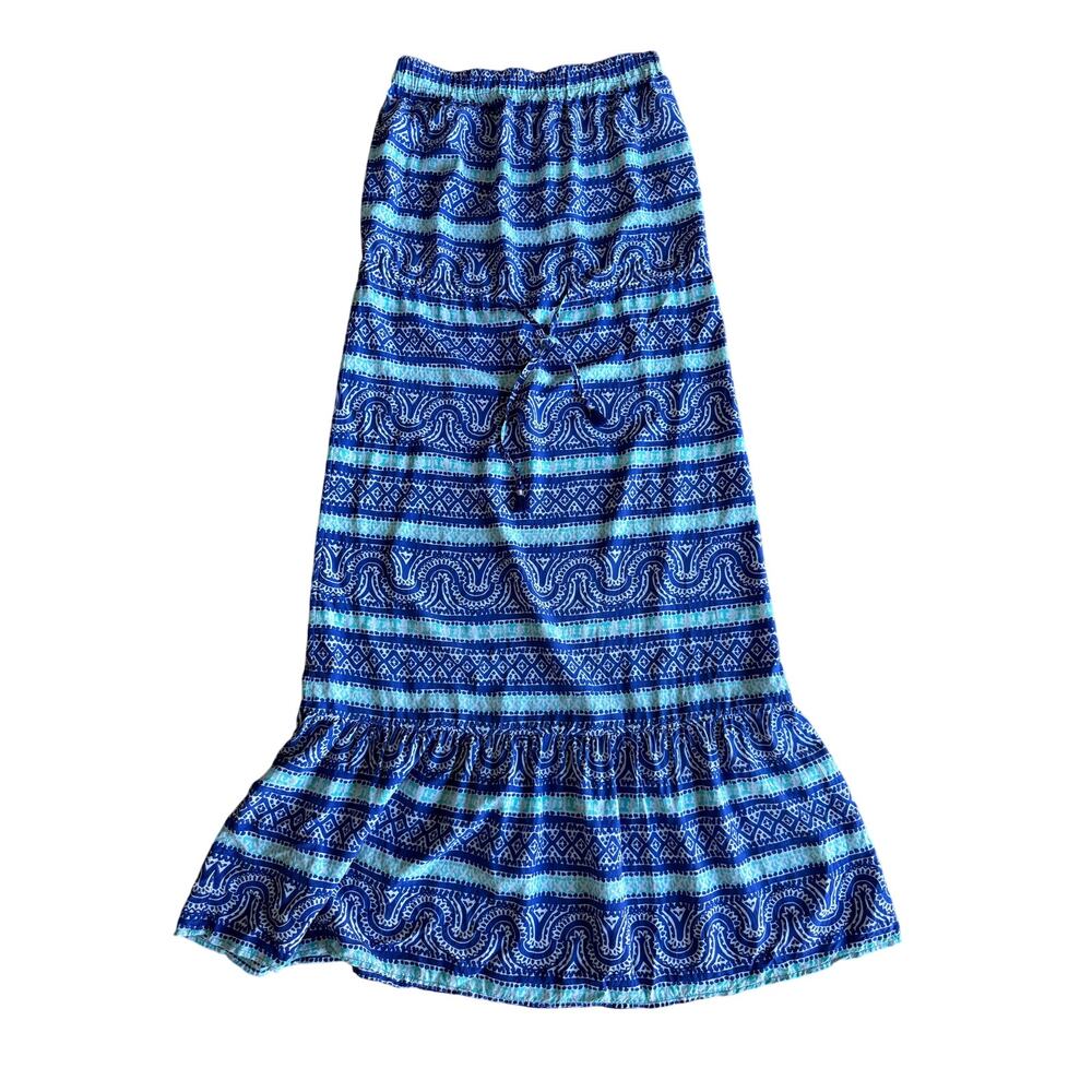 Vineyard Vines Small Blue Paisley Silk Blend Strapless Tiered Maxi Dress